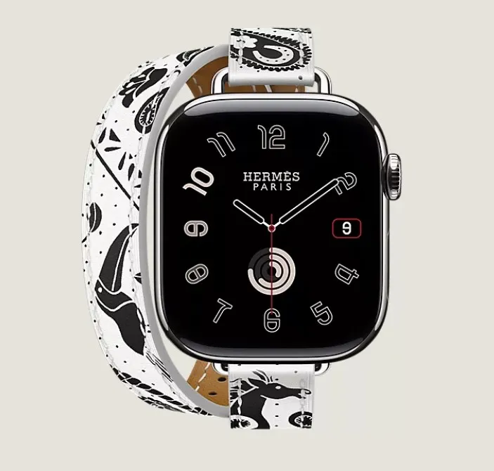 Apple Watch Hermes Series11 42mm GPS+Cellular チタニウムケース/アトラージュ・アニモー・バンダナドゥブルトゥールレザーストラップ
